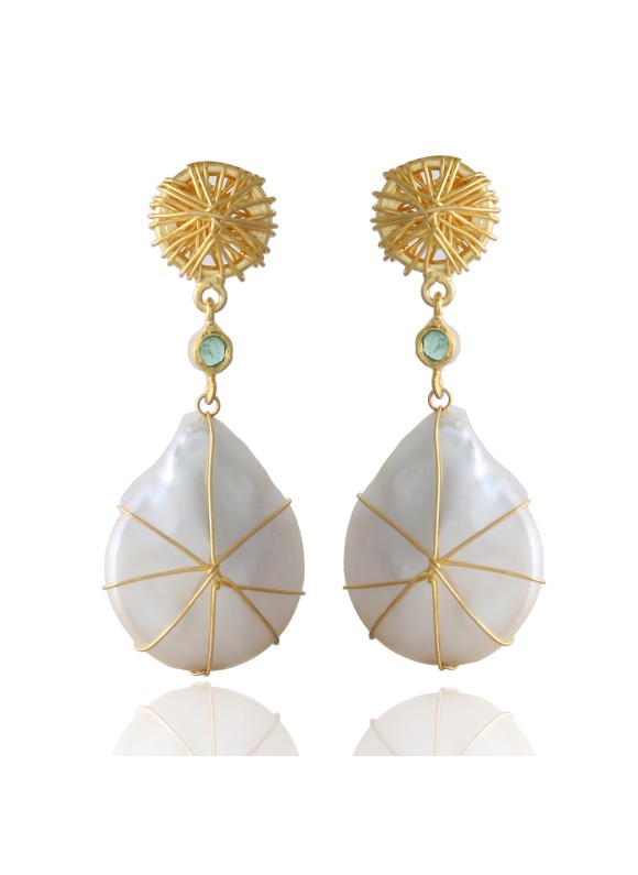 925 Sterling silver Emerald & Pearl Earrings Gold Polish