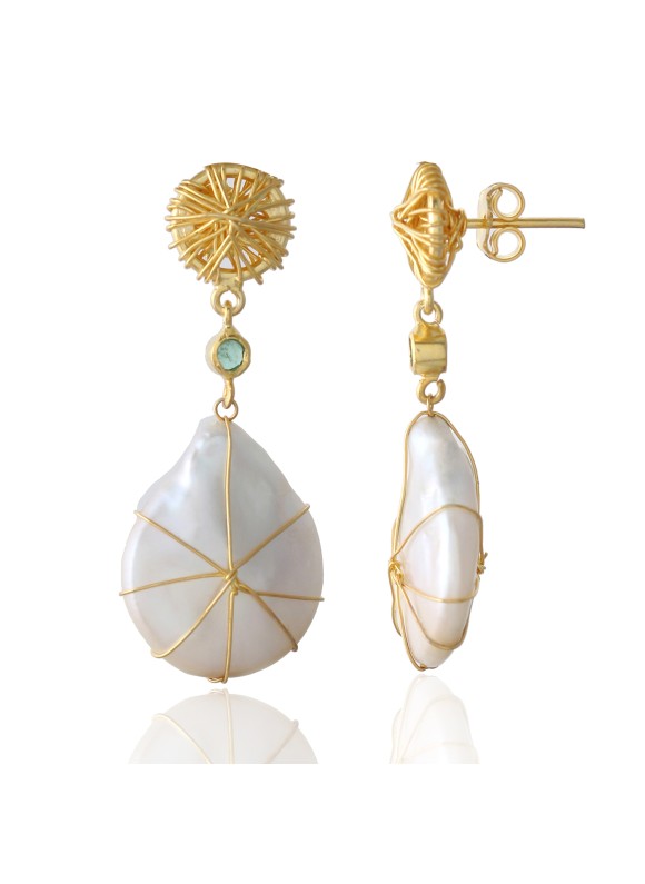 925 Sterling silver Emerald & Pearl Earrings Gold Polish