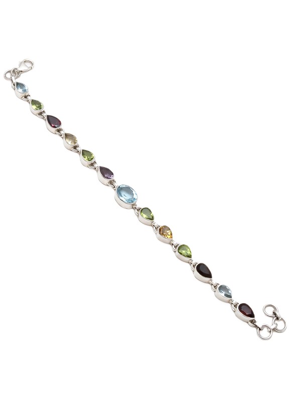 925 Sterling silver Cut Stone Garnet, Blue Topaz, Peridot, Citrine, Amethyst & Smokey Bracelet