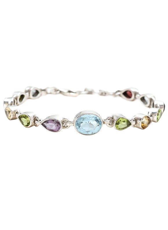 925 Sterling silver Cut Stone Garnet, Blue Topaz, Peridot, Citrine, Amethyst & Smokey Bracelet