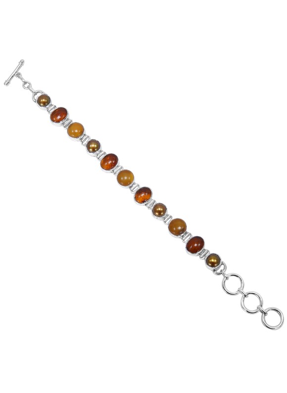 925 Sterling silver Cabochon Amber & Dyed Brown Pearl Bracelet