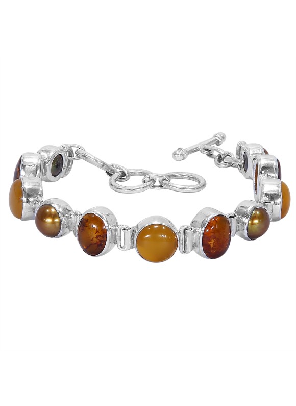 925 Sterling silver Cabochon Amber & Dyed Brown Pearl Bracelet