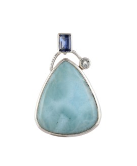 925 Sterling silver Cabochon Larimar & Cut Stone Iolite & Blue Topaz Pendant 