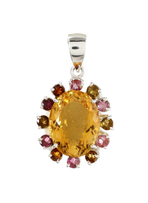 925 Sterling silver Oval Cut Stone Citrine & Tourmaline Pendant