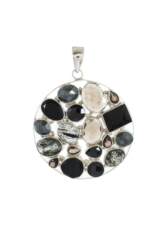 925 Sterling silver Pendant with Black Rutile, Smoky Quartz & Black onyx  