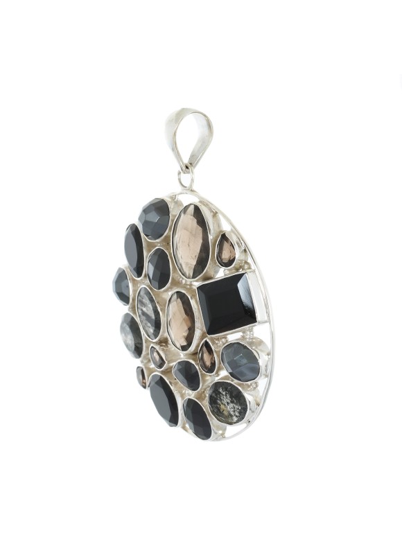 925 Sterling silver Pendant with Black Rutile, Smoky Quartz & Black onyx  