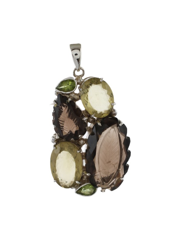 925 Sterling silver Peridot, Lemon Quartz & Smoky Quartz Pendant  