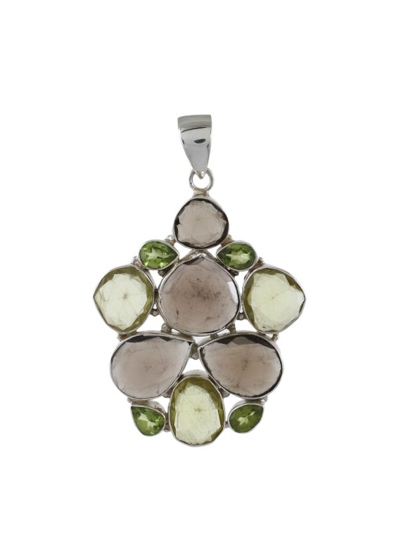 925 Sterling silver Peridot, Prehnite, Smoky Quartz & Lemon Quartz Pendant