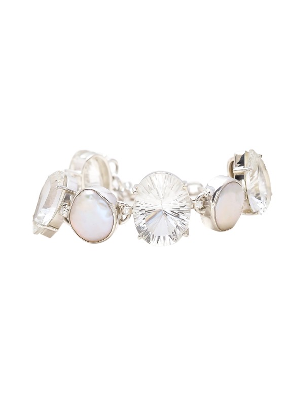 925 Sterling silver Concave Cut Stone Crystal & and Pearl Bracelet