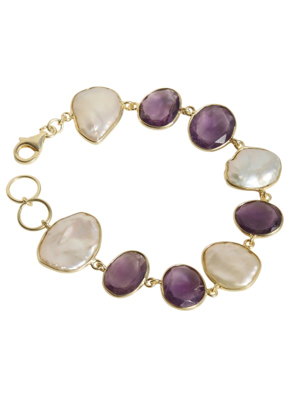 925 Sterling silver Pearl & Amethyst Bracelet with Gold Polish