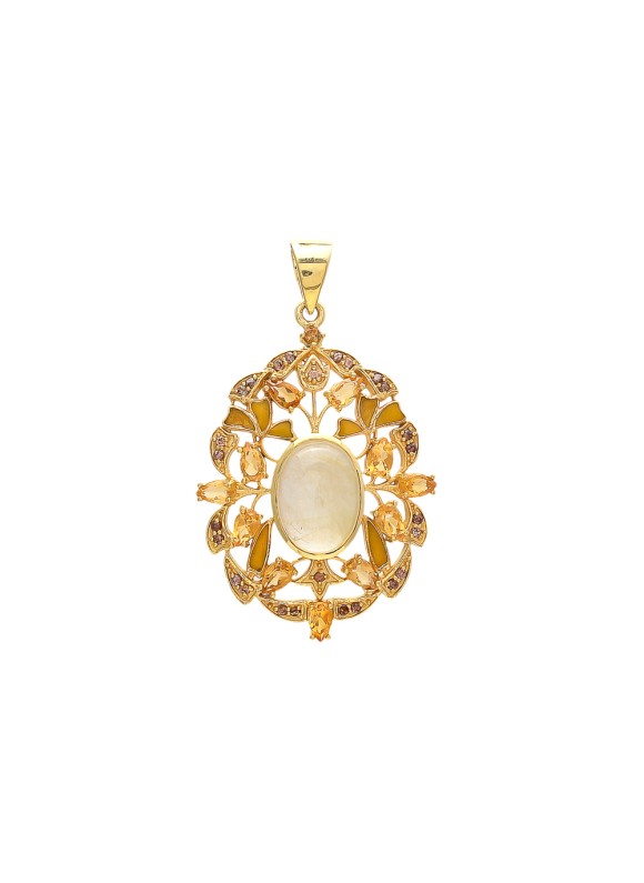 925 Sterling silver Pendant in Gold Polish with Cabochon Golden Rutile & Cut Stone Citrine