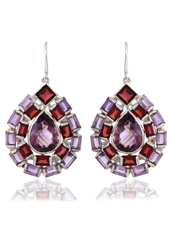 925 Sterling silver Cut stone Garnet & Amethyst Earrings