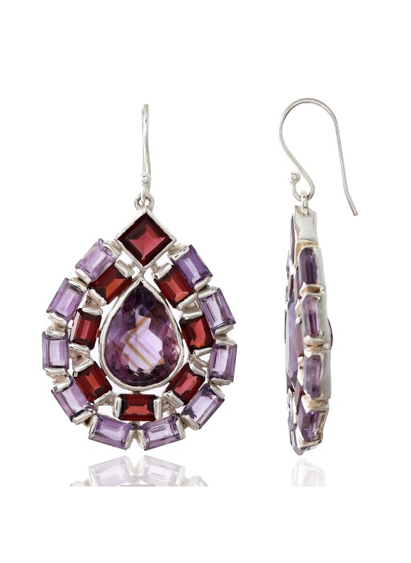 925 Sterling silver Cut stone Garnet & Amethyst Earrings