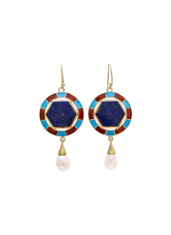 925 Sterling silver Lapis & Pearl Earrings with Enamel 