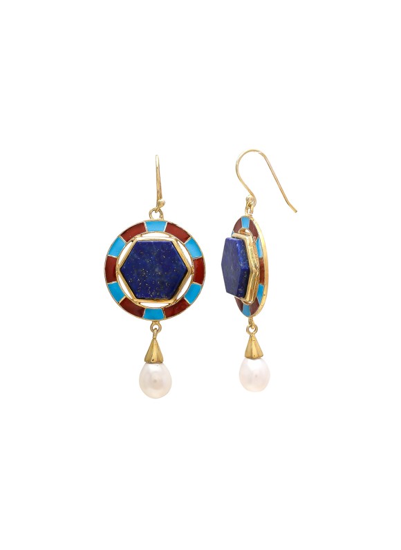 925 Sterling silver Lapis & Pearl Earrings with Enamel 