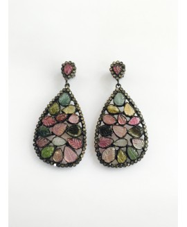 925 sterling silver Diamond & Carving Stone Tourmaline Earrings