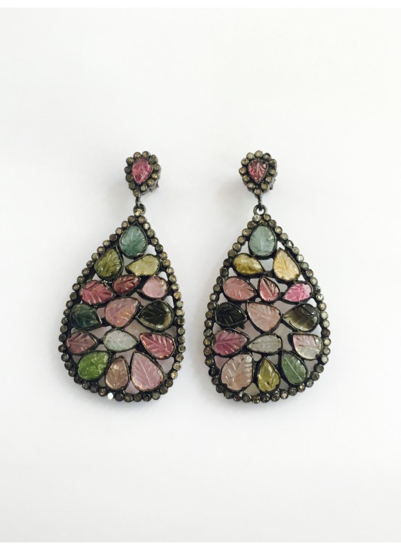 925 sterling silver Diamond & Carving Stone Tourmaline Earrings