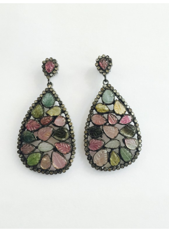 925 sterling silver Diamond & Carving Stone Tourmaline Earrings
