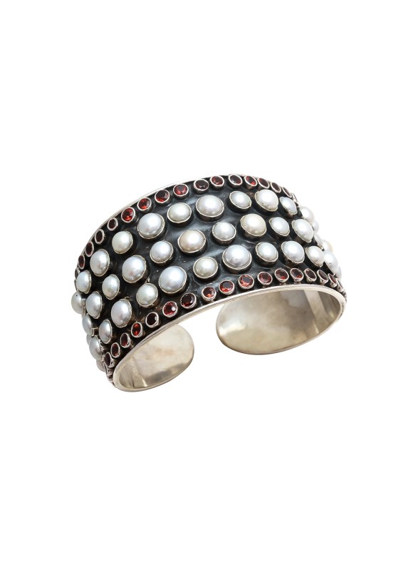 925 Sterling silver Pearl & Garnet Bangle with Black Rhodium
