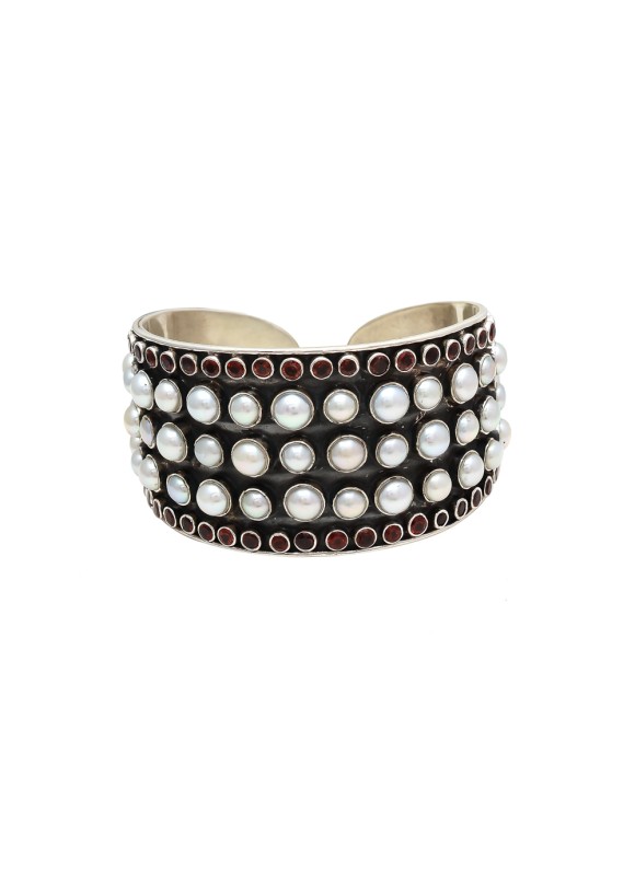 925 Sterling silver Pearl & Garnet Bangle with Black Rhodium