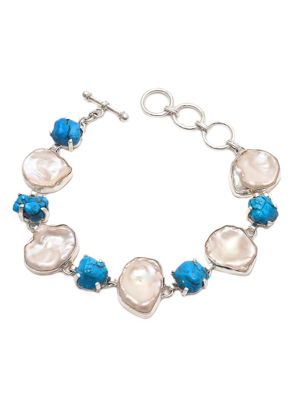 925 Sterling silver Pearl and Synthetic Turquoise Bracelet