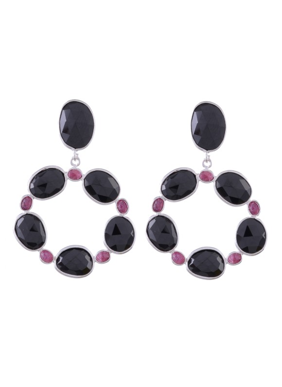 925 Sterling silver Cut Stone Black Onyx & Ruby Earrings