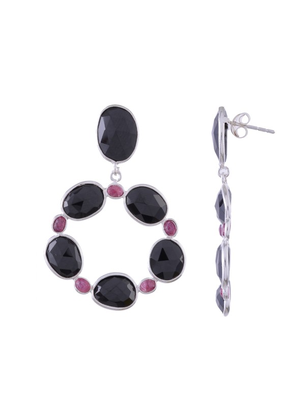 925 Sterling silver Cut Stone Black Onyx & Ruby Earrings