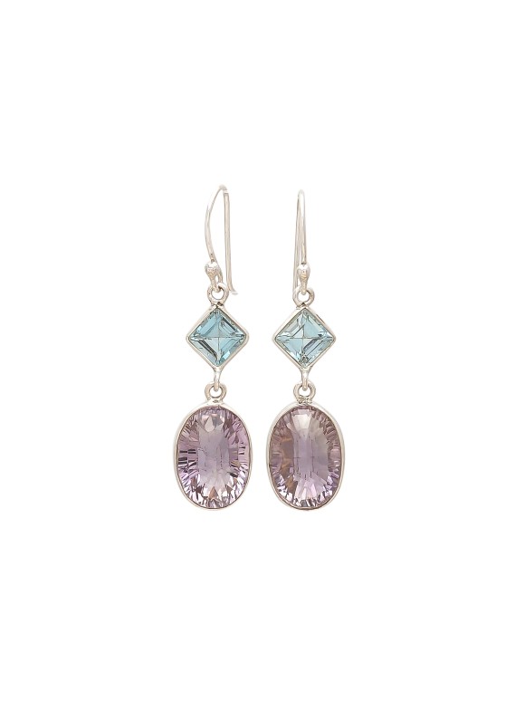 925 Sterling silver Cut Stone Pink Amethyst & Blue Topaz Earrings