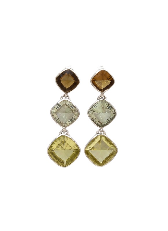 925 Sterling silver Earrings with Cut Stone Green Amethyst, Lemon Quartz, & Smoky