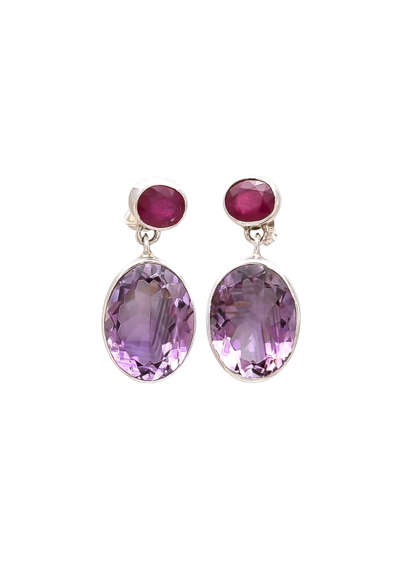 925 Sterling silver Cut Stone Pink Amethyst & Ruby Earrings