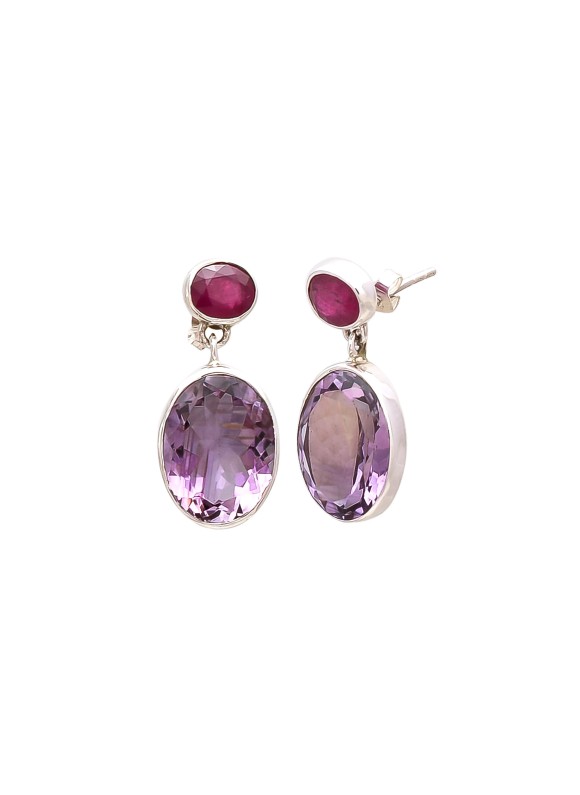 925 Sterling silver Cut Stone Pink Amethyst & Ruby Earrings