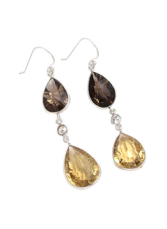 925 Sterling silver Cut Stone Smoky Quartz, Citrine & CZ Earrings