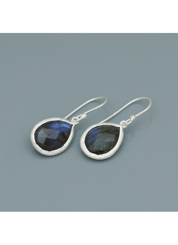 925 Sterling Silver Faceted Labradorite Gemstone Dangle Earrings 