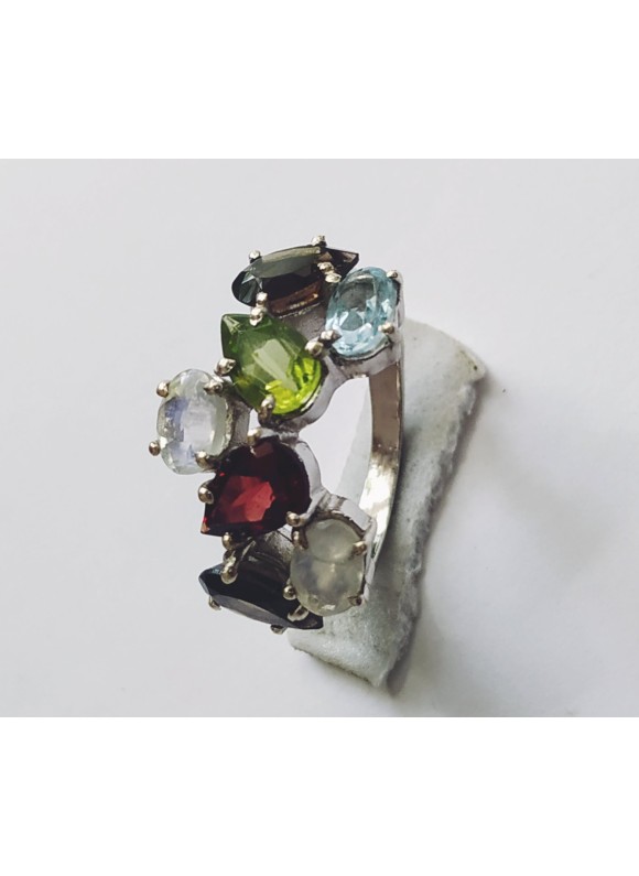 925 Sterling silver Cut Stone Rainbow Moonstone, Garnet, Blue Topaz, Peridot & Smoky Quartz Rings